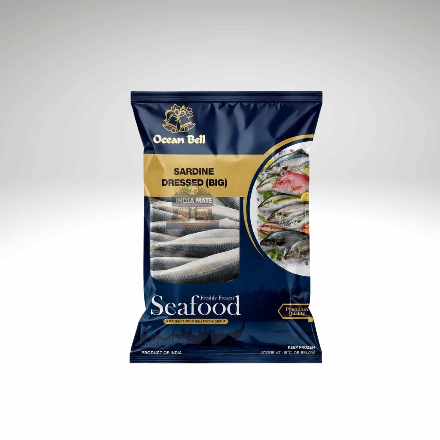 Ocean Bell Premium Pan Ready Sardine (Mathi) in a blue packing on a white background.