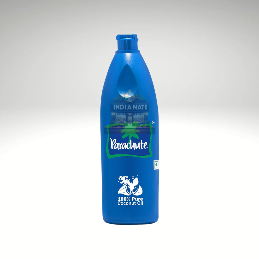Blue bottle of Parachute 100% Pure Coconut Oil on a white background