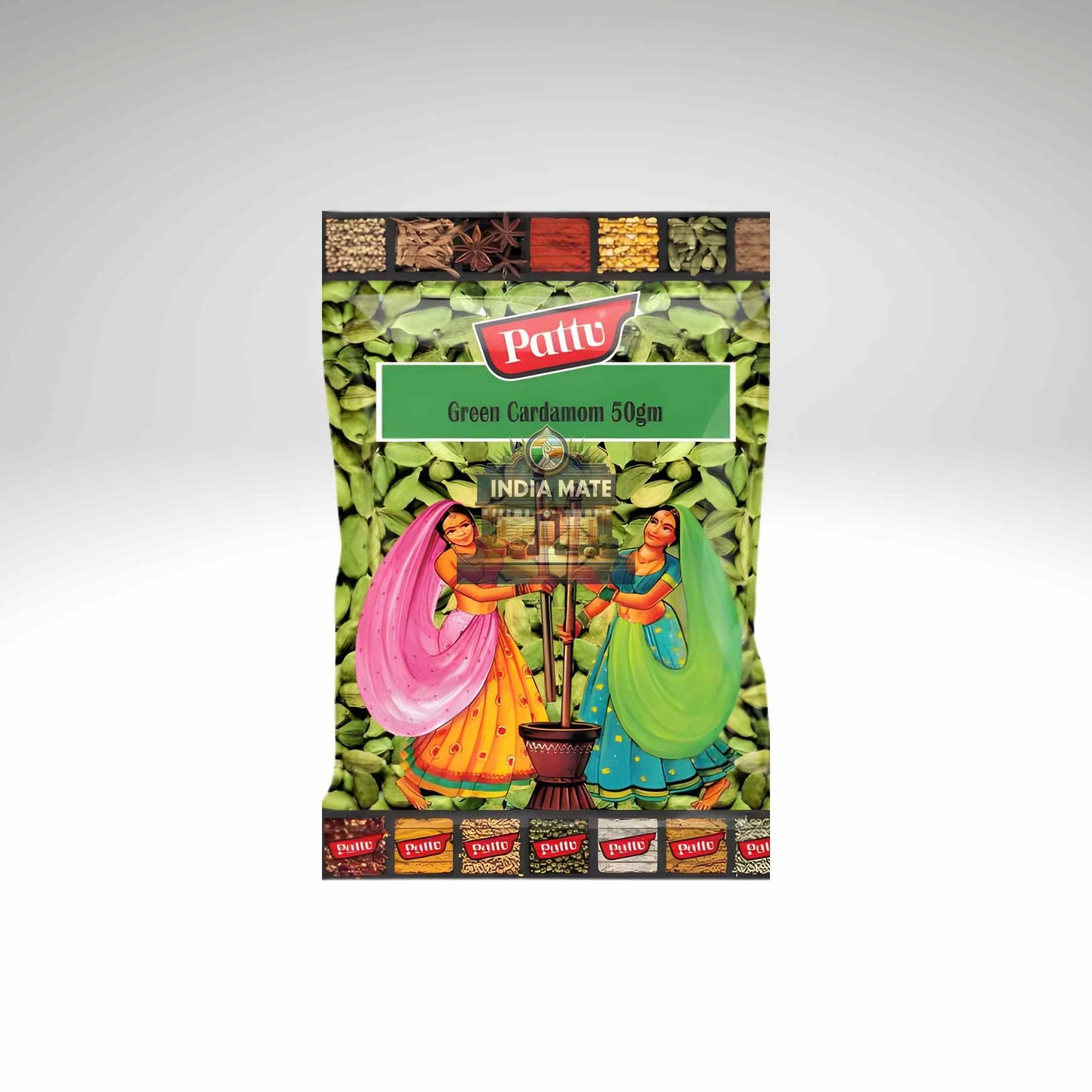 Pattu Green Cardamom packaging with colorful design on a white background.