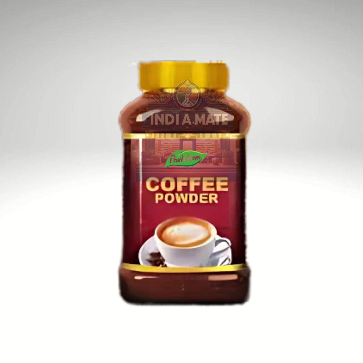 Jar of India Mate coffee powder on a white background
