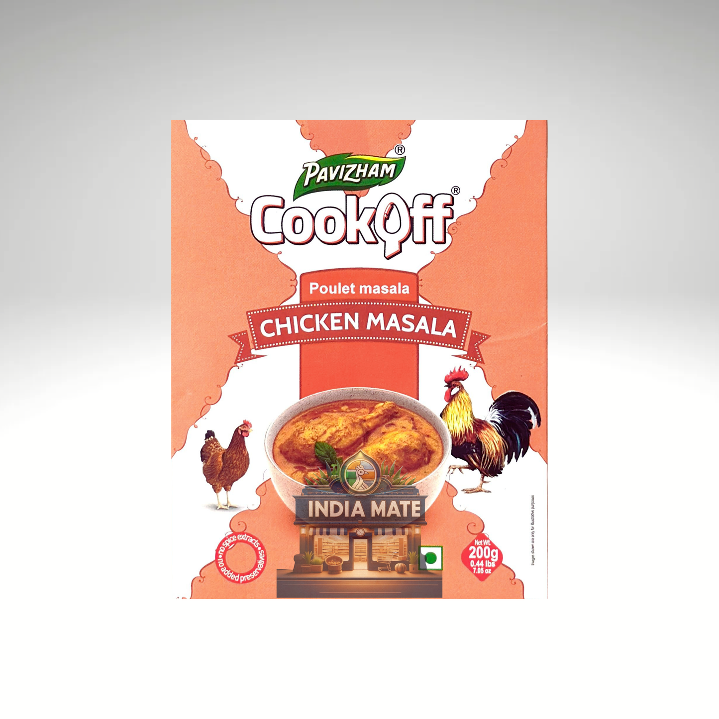 Pavizham CookOff Chicken Masala packaging on a gray background