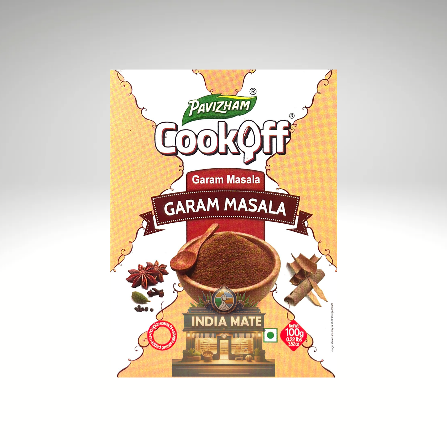 Pavizham CookOff Garam Masala packaging on a gray background