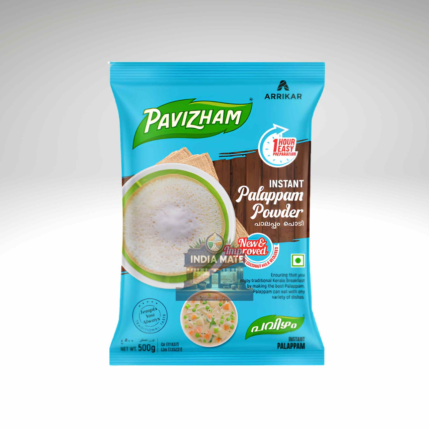A 500g packet of Pavizham Instant Palappam Powder by Arrikar, featuring a bright blue packaging design with a bowl of steaming palappam and a wooden griddle illustration.