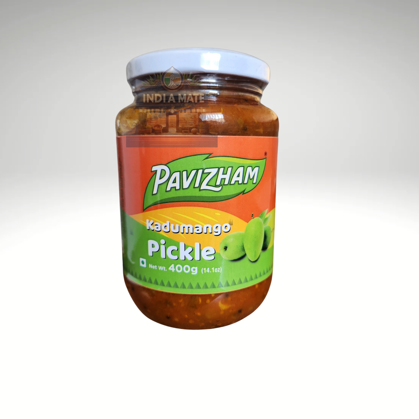 Jar of Pavizham Kadumango Pickle on a white background