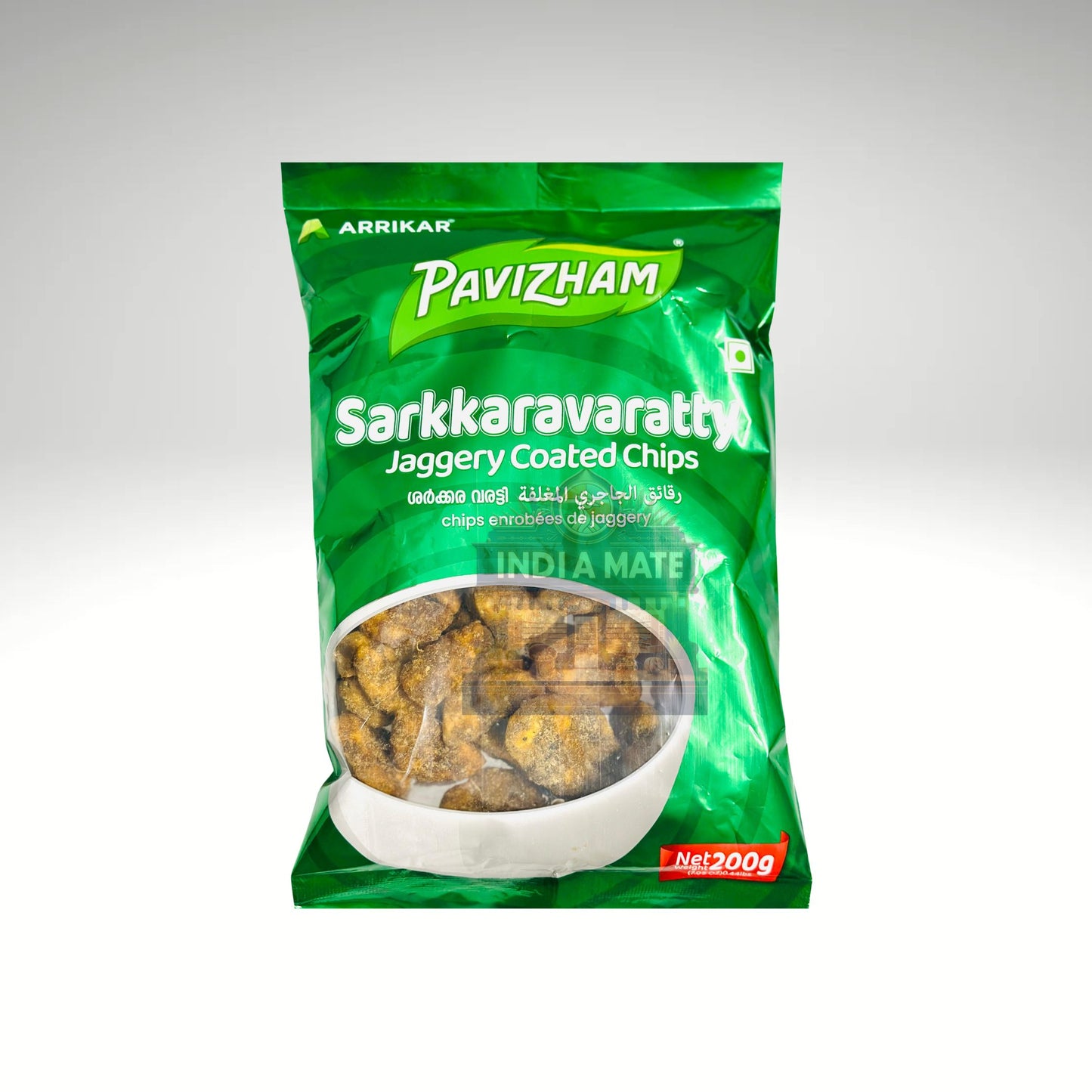 Green package of Arrikar Pavizham Sarkkaravarath Jaggery Coated Chips on a white background