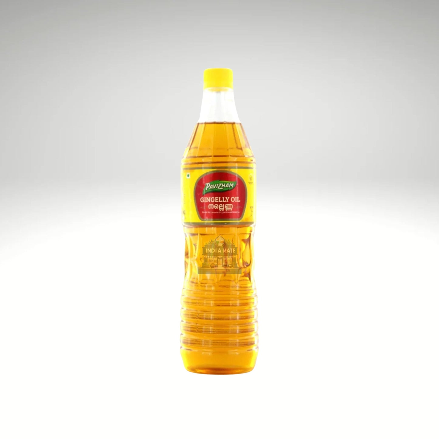 Bottle of sunflower oil with a yellow label on a gray background