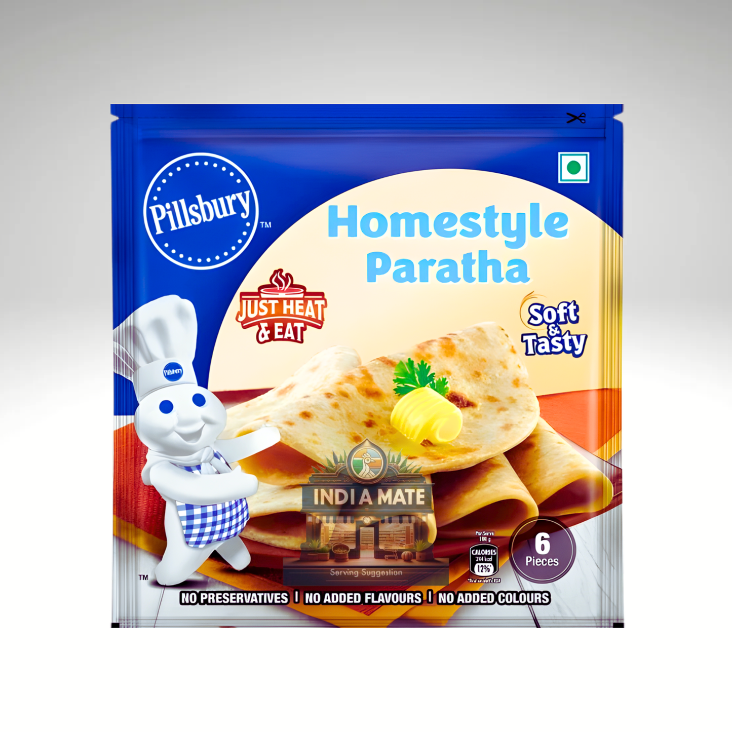 Pillsbury Homestyle Paratha packaging with a cartoon character on a gray background