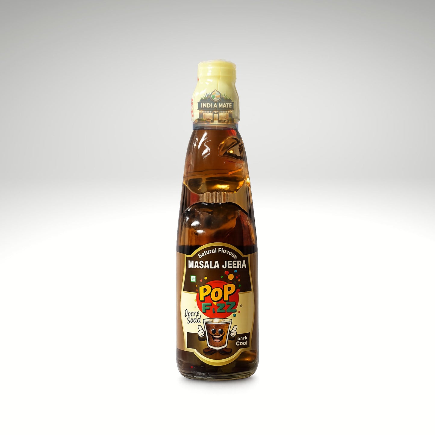 Bottle of Pop Fizz Masala Jeera goli soda on a white background.