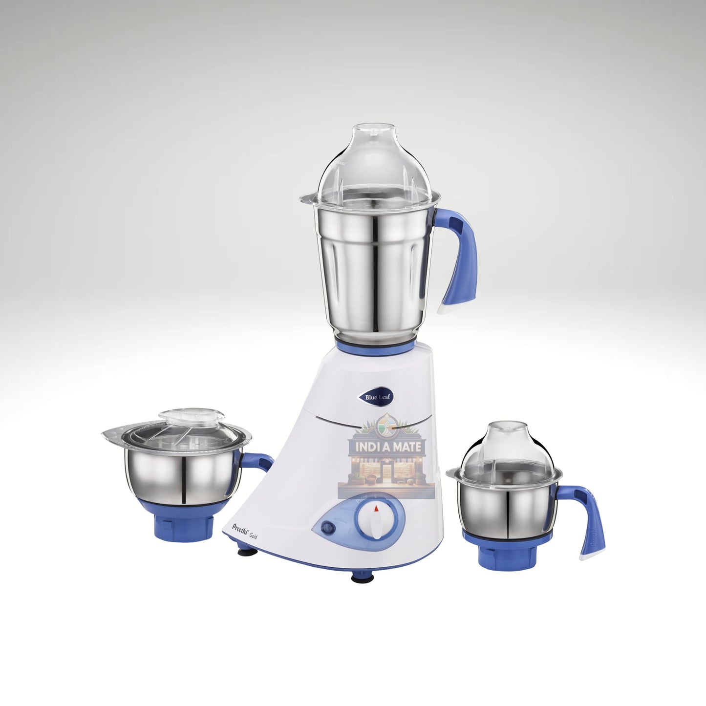 White and blue mixer grinder with three detachable bowls on a light gray background
