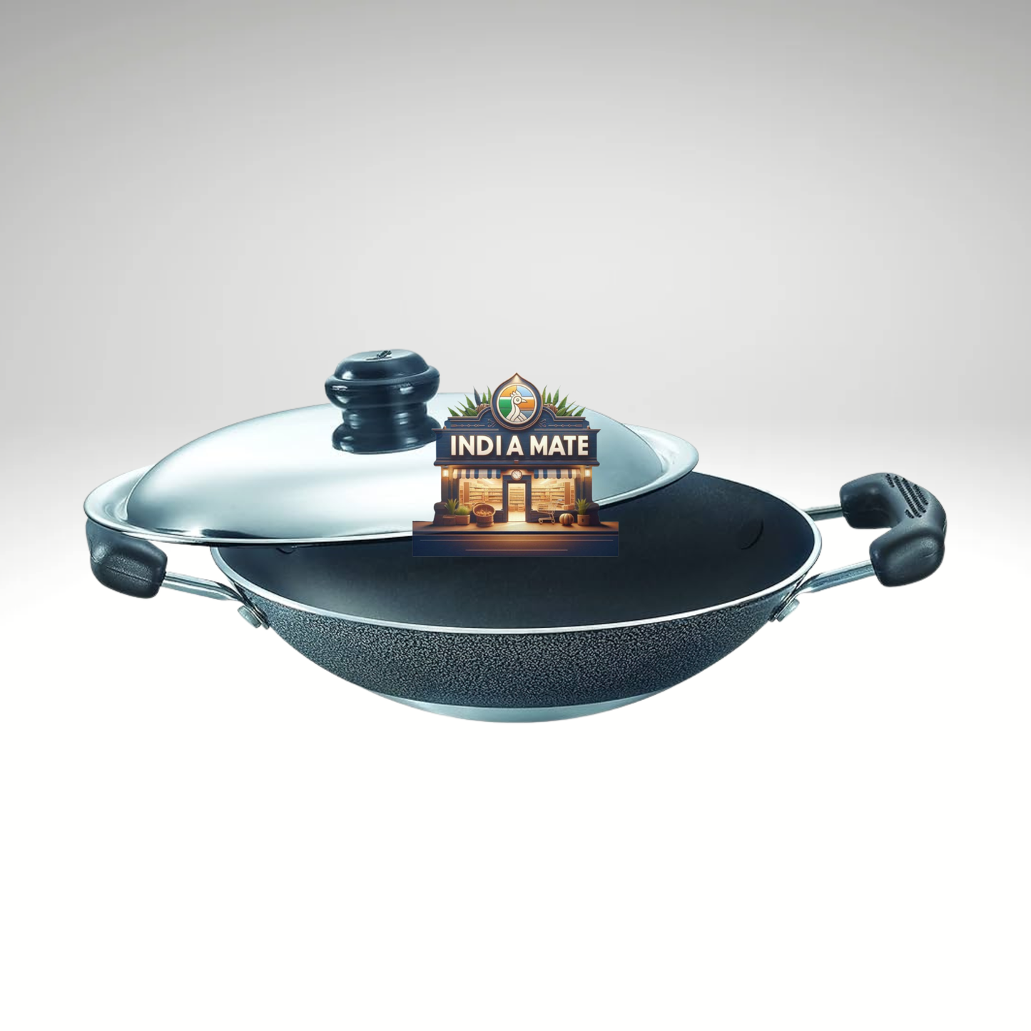 Wok with a lid on a gray background, featuring the 'India Mate' brand.