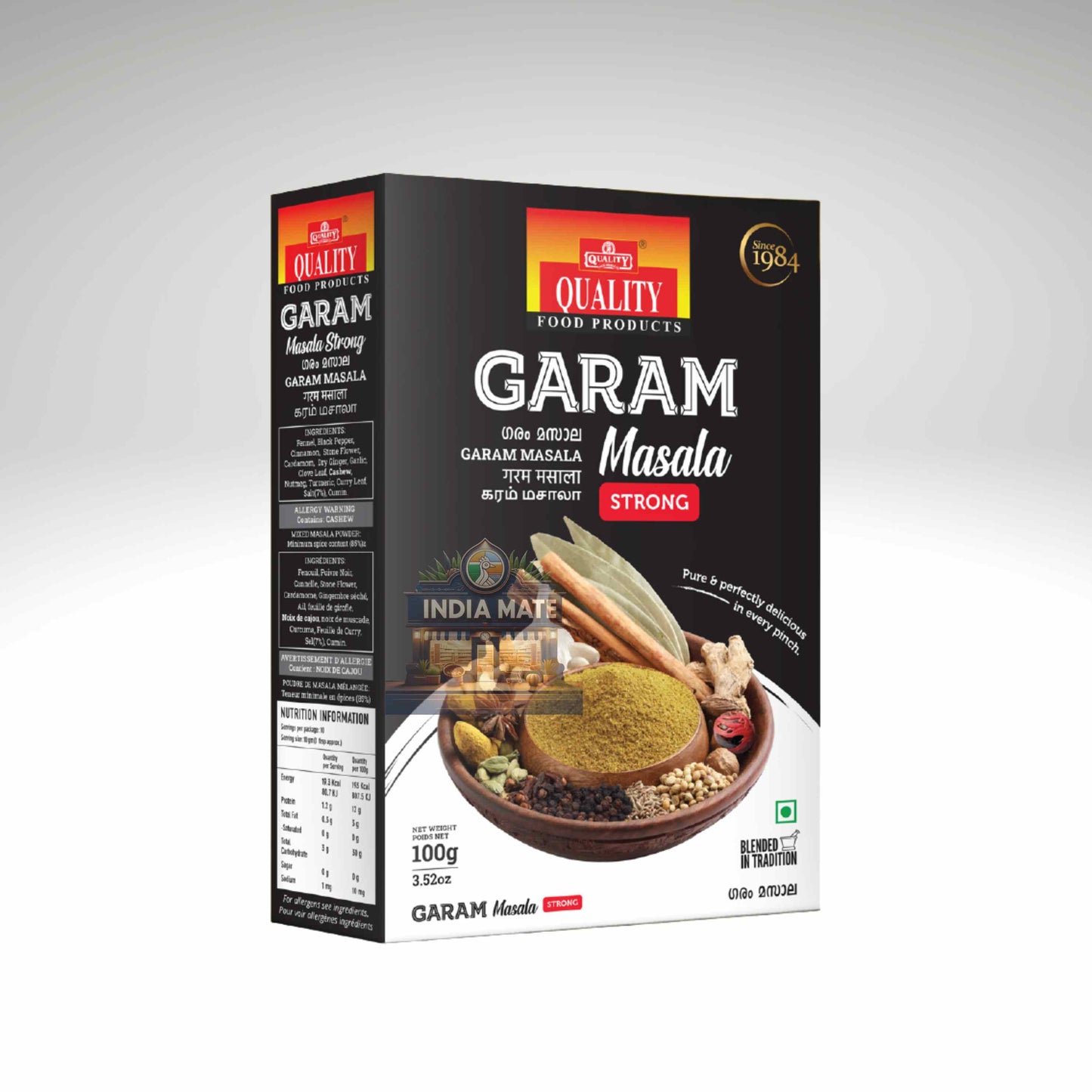 A 100g box of Quality Garam Masala Strong spice blend, featuring a black and white packaging design with a colorful illustration of spices in a bowl.