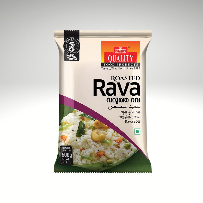 A package of Quality Roasted Rava (rice flour) by Kottakkal Rice & Oil Mills, featuring a cream-colored bag with a green and purple diagonal accent.