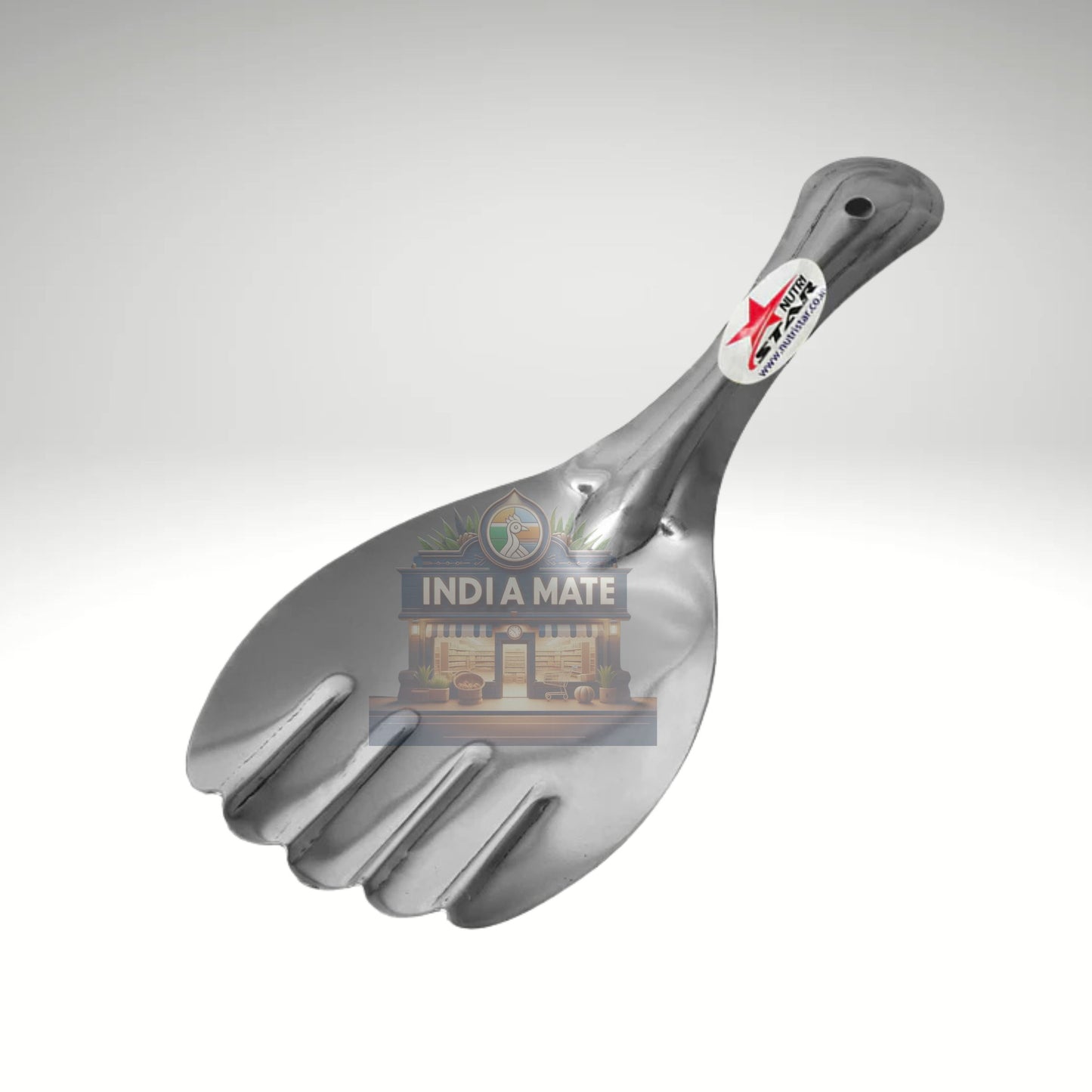 Metal spatula with 'India Mate' branding on a white background