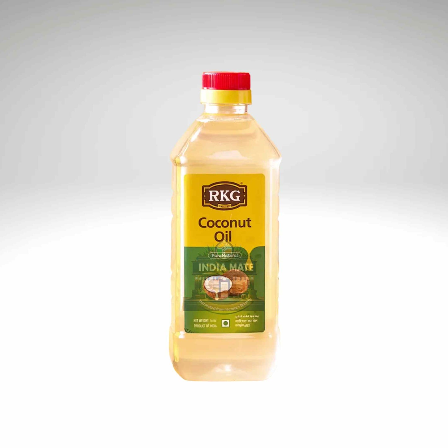 Bottle of RKG Coconut Oil on a white background