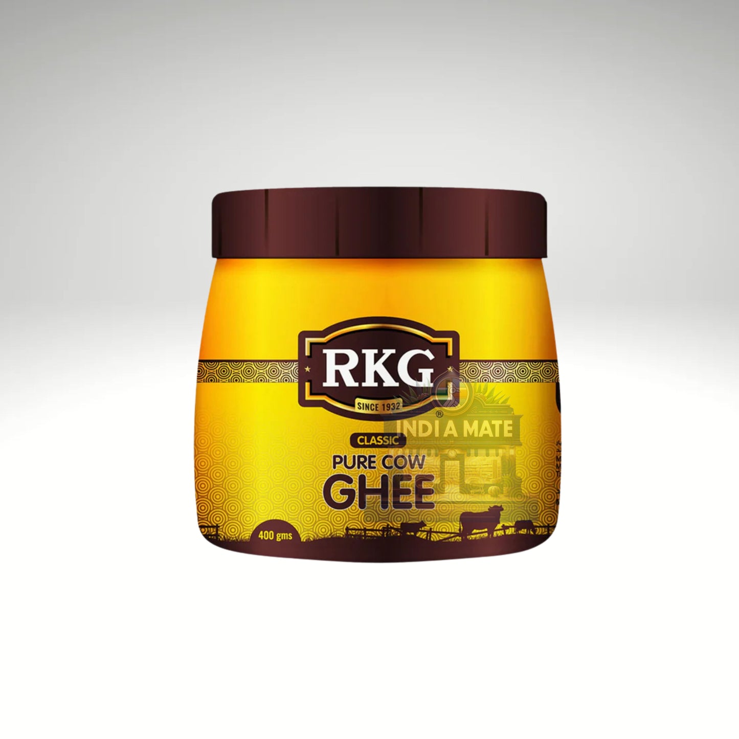 Jar of RKG Pure Cow Ghee with a yellow label on a white background