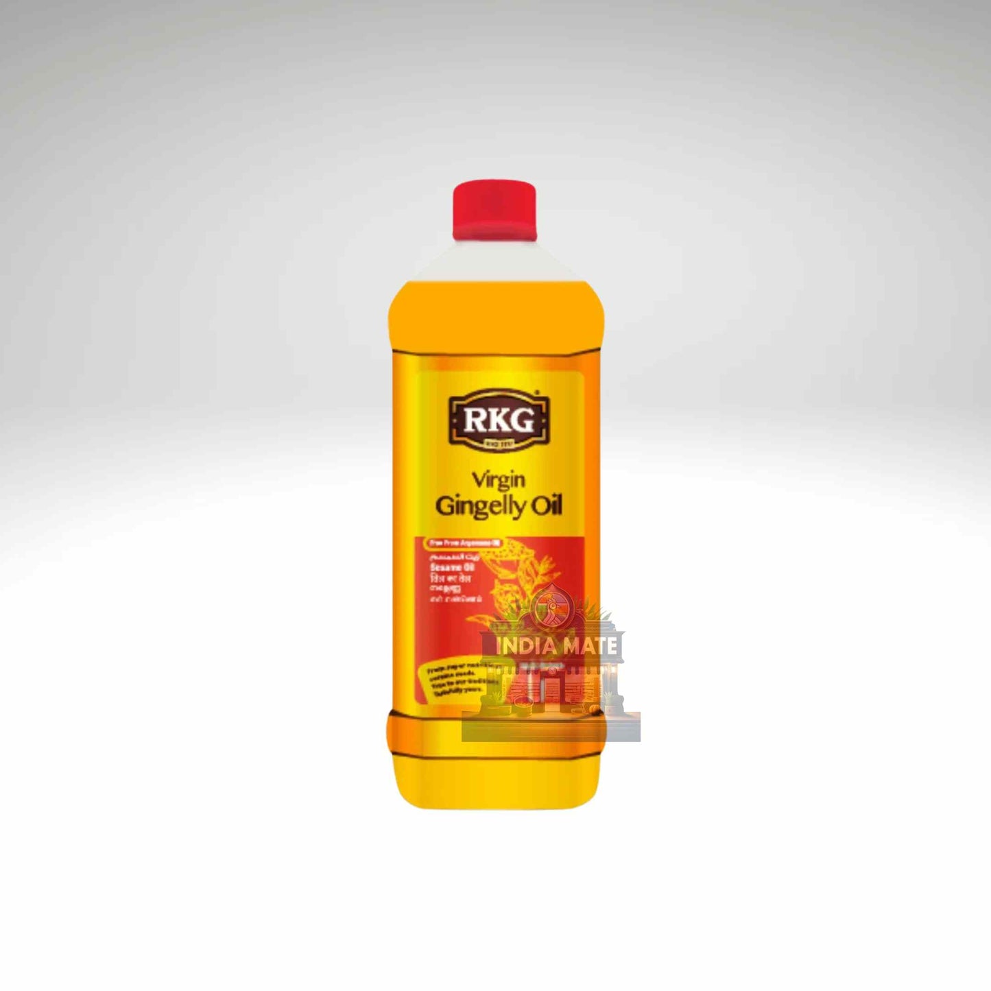 Bottle of RKG Virgin Gingelly Oil on a white background