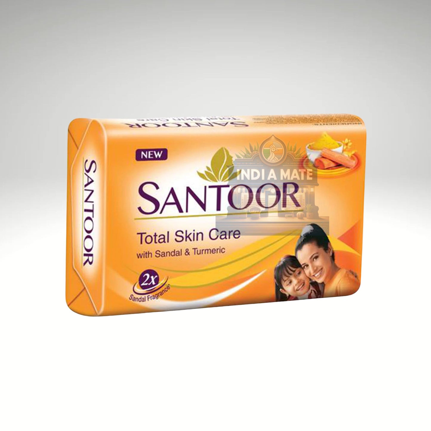 Santoor soap bar packaging with branding and product details on a white background