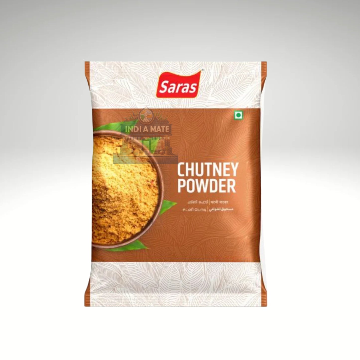 Saras Chutney Powder packaging on a white background