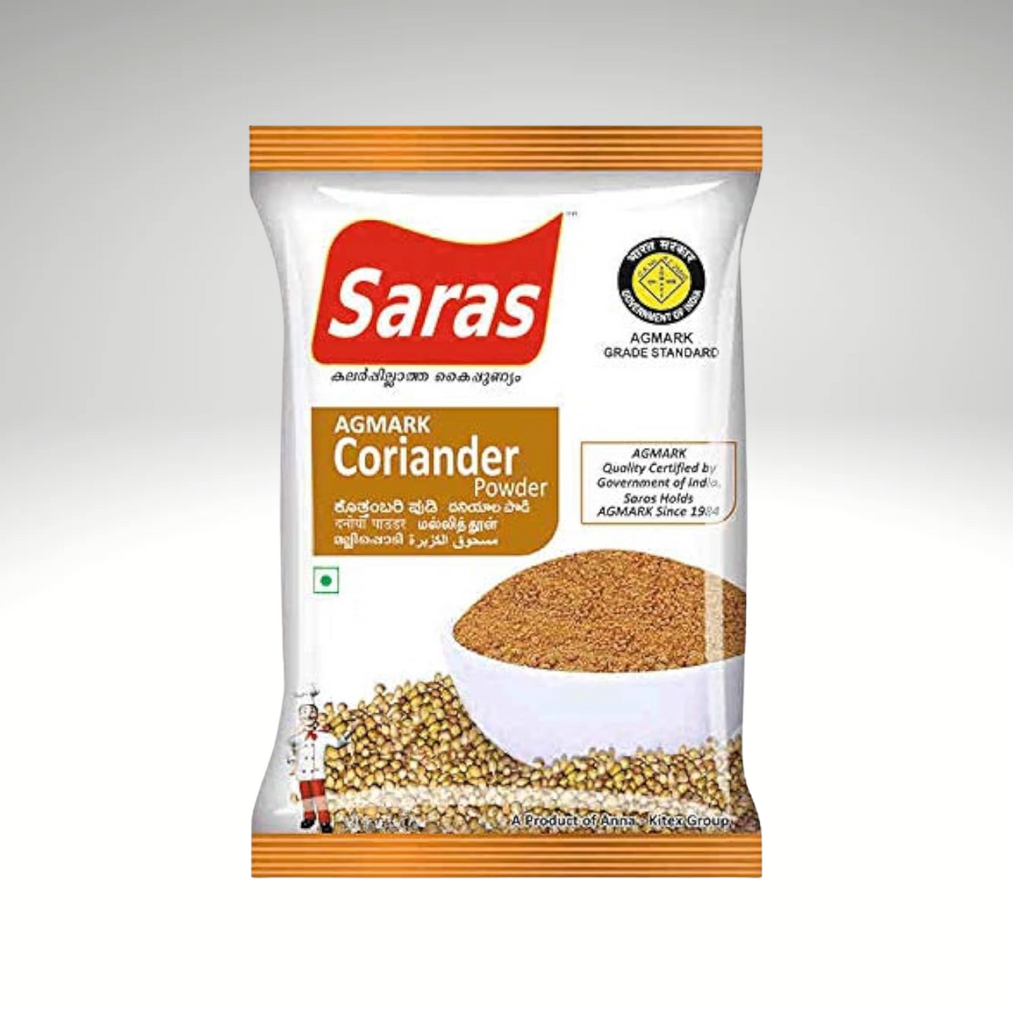 Saras coriander powder packaging on a white background