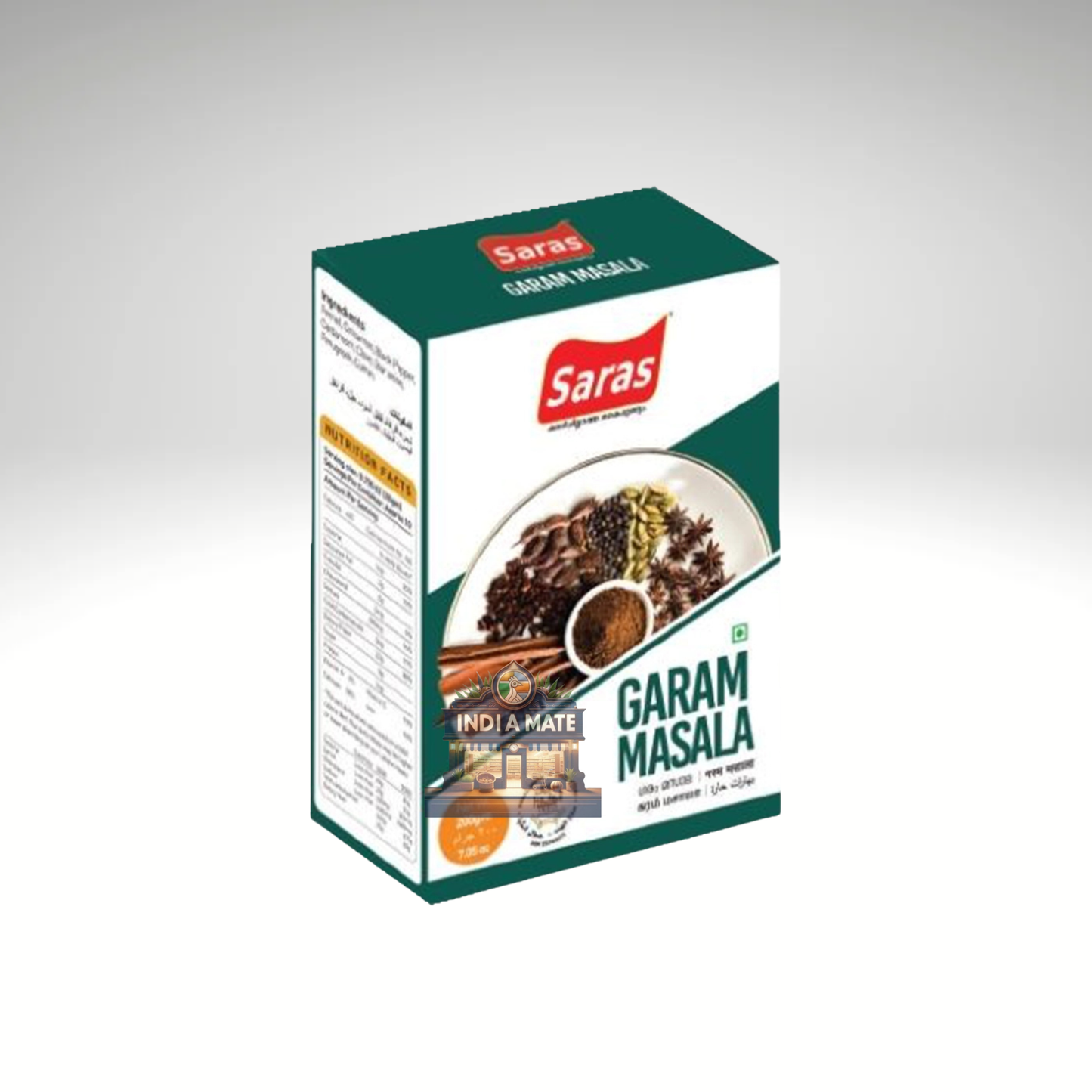 Box of Saras Garam Masala on a gray background