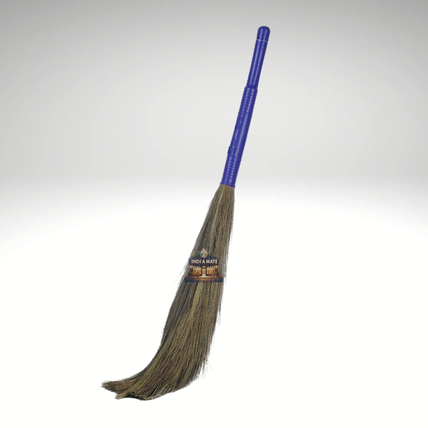 Broom with a blue handle on a white background