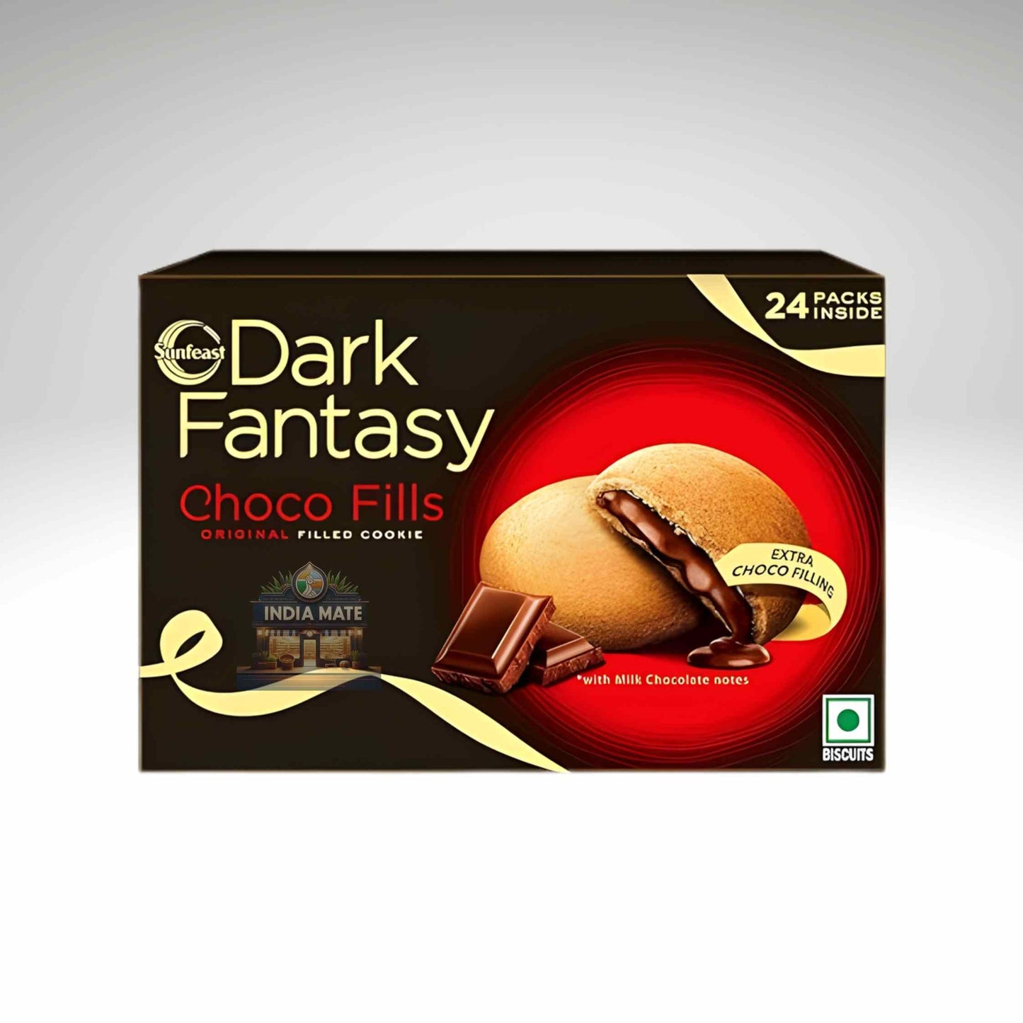 Box of Dark Fantasy Choco Fills cookies with a chocolate cookie and chocolate pieces on a red background.