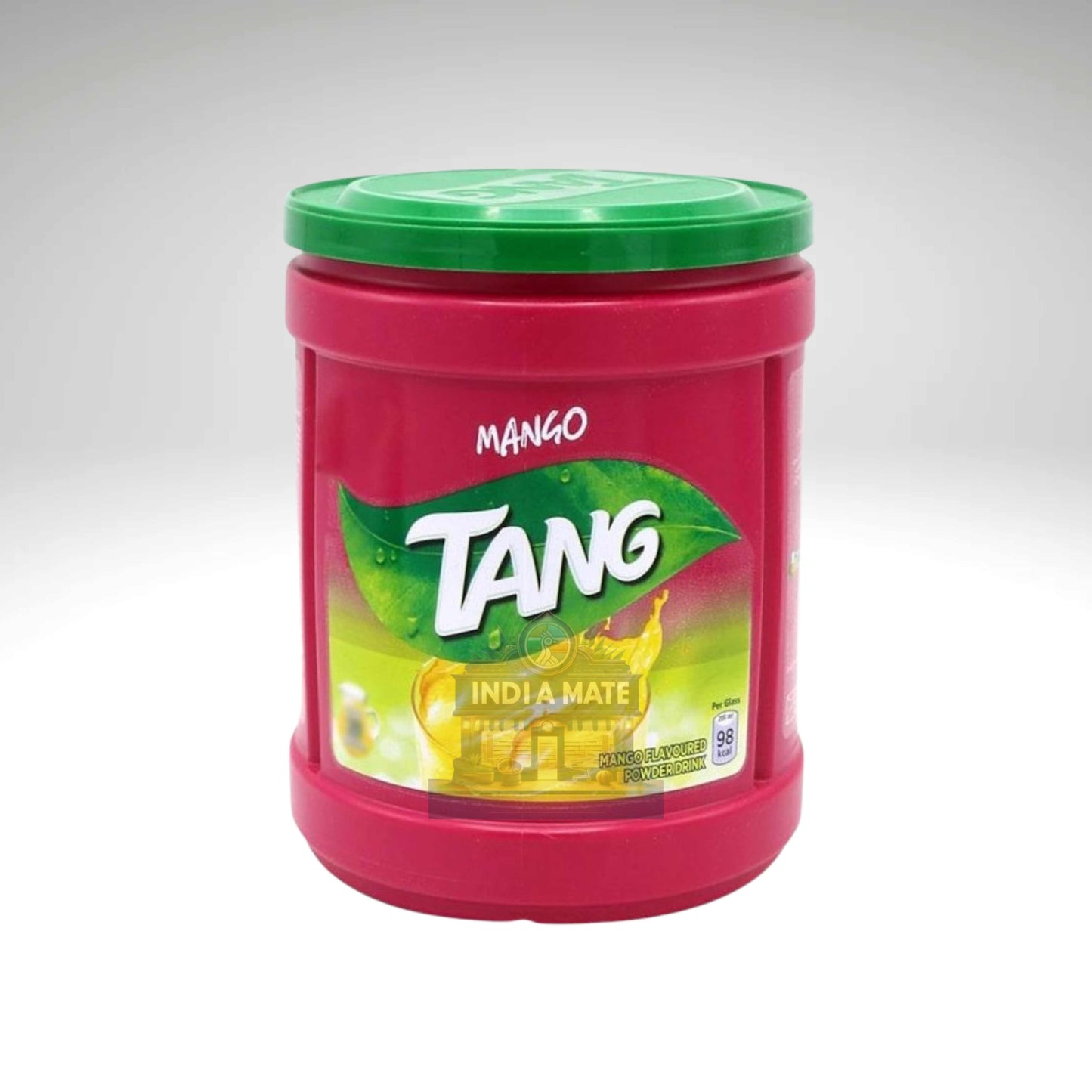 Red container of Tang mango powder with green lid on a white background