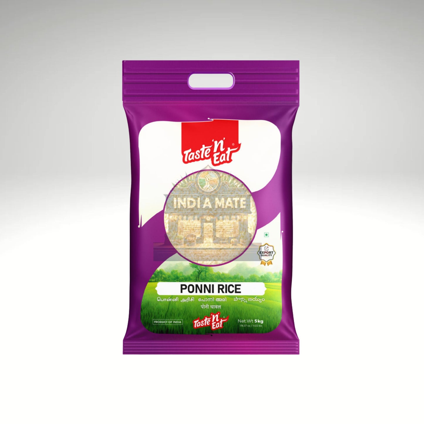 Purple package of Taste 'N Eat India Mate Ponni Rice on a gray background