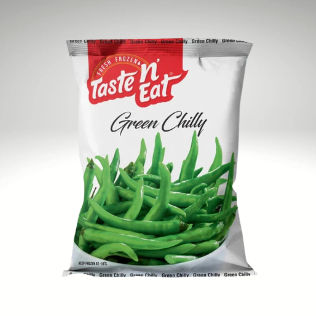 Packaging of Taste 'N' Eat Green Chilly with green beans on a white background