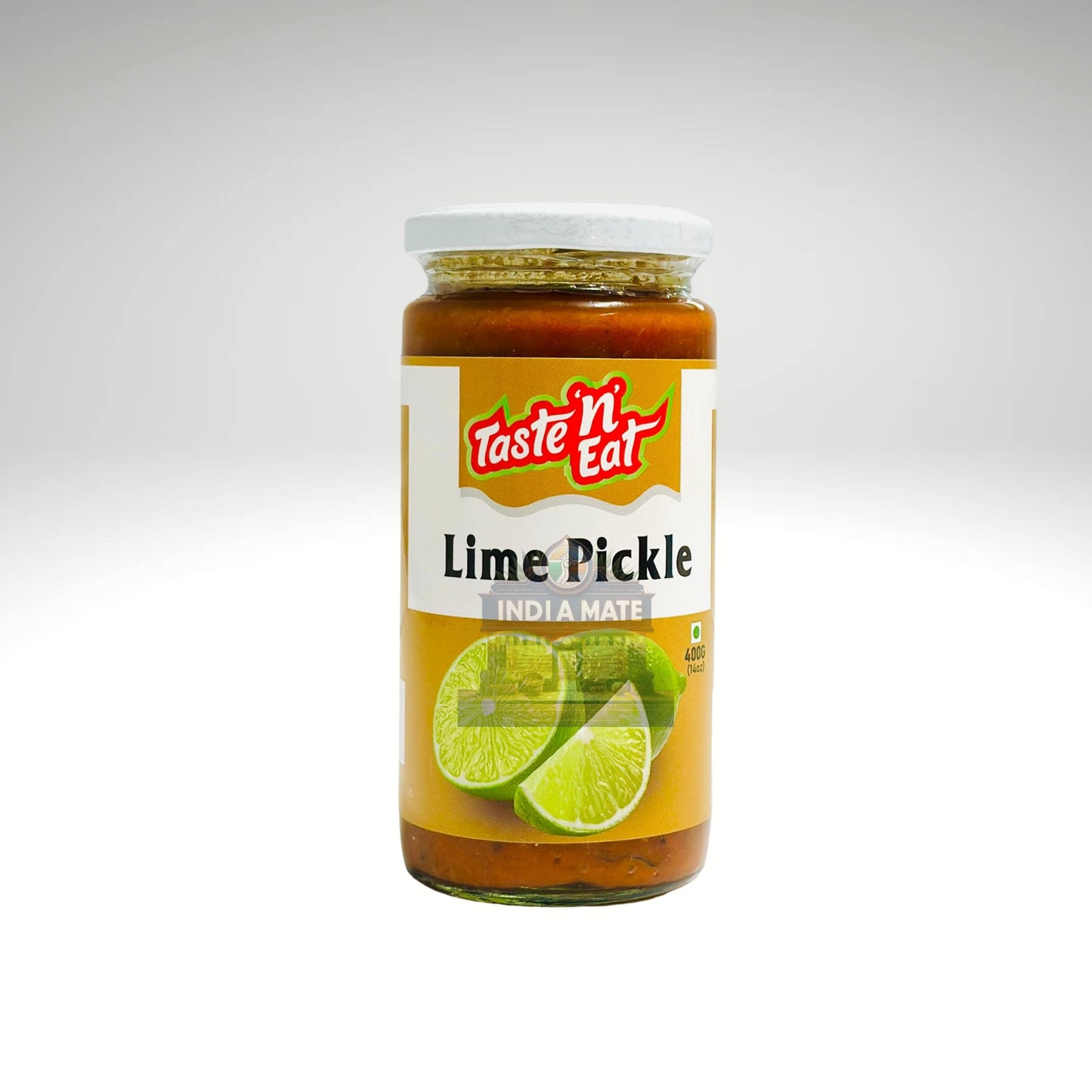 Jar of Taste 'N Eat Lime Pickle on a white background