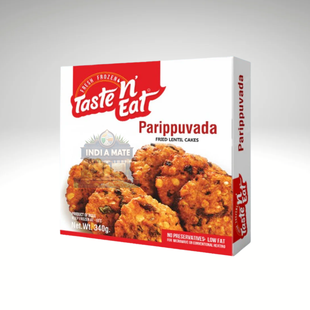 Taste 'N Eat Parippuvada packaging on a gray background