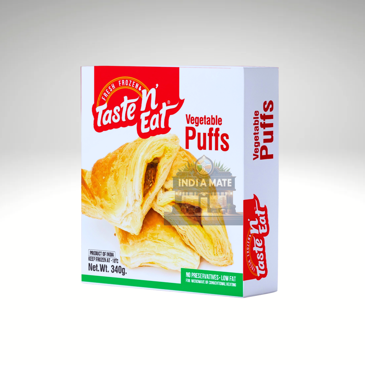 Box of Taste 'N Eat Vegetable Puffs on a gray background
