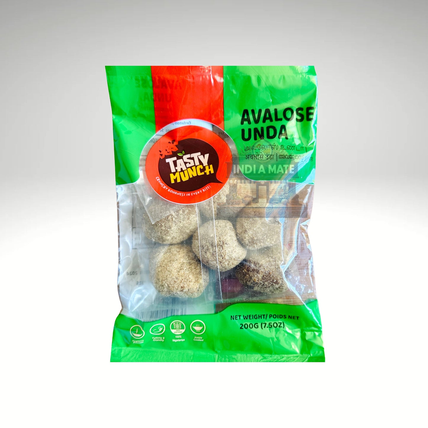 Packaged product with 'Tasty Munch' branding on a white background