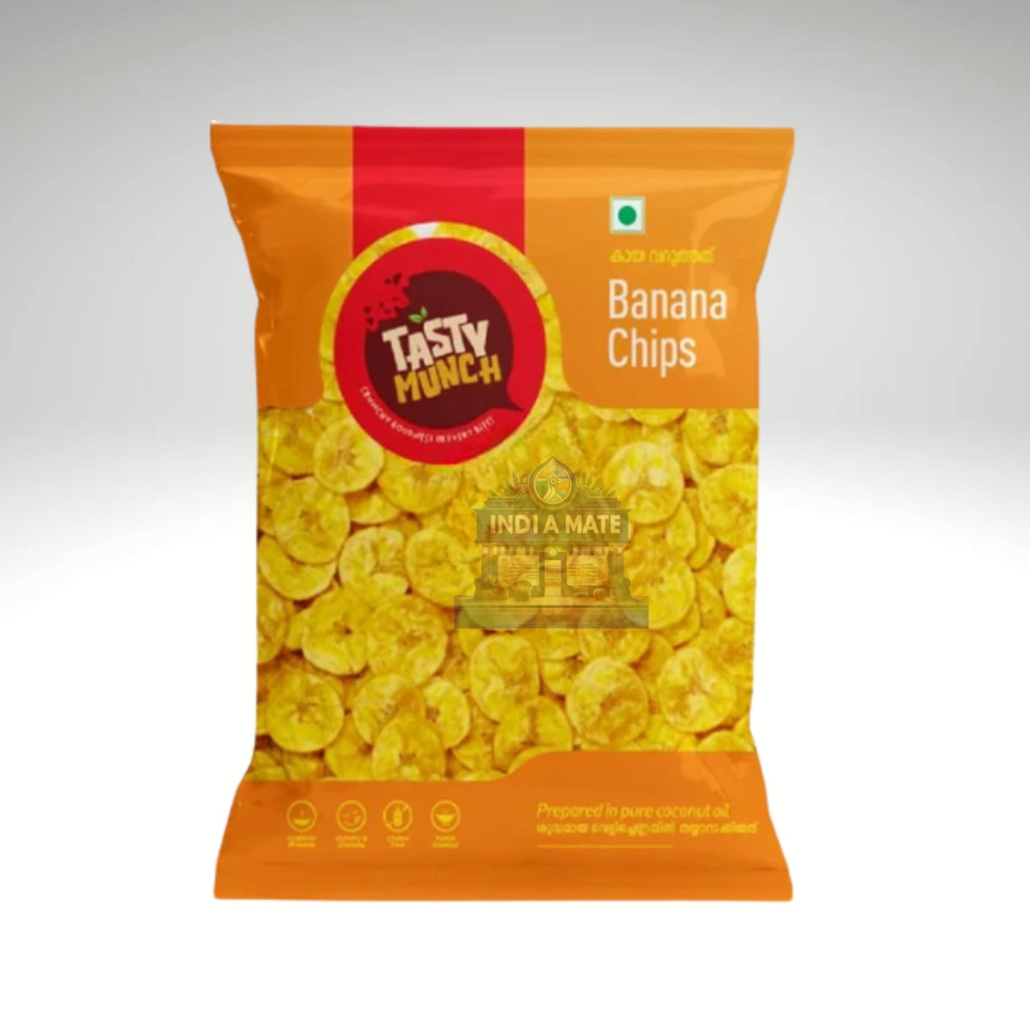 Packaged banana chips with 'Tasty Munch' branding on an orange background