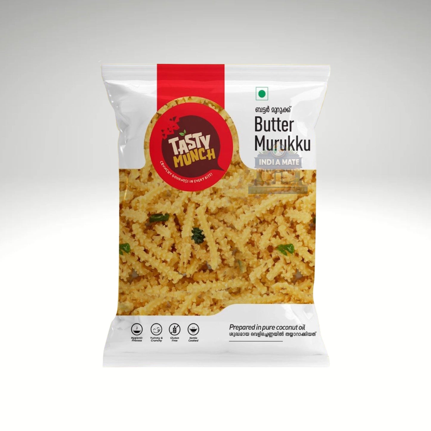 Packaged snack with 'Tasty Munch' branding on a white background