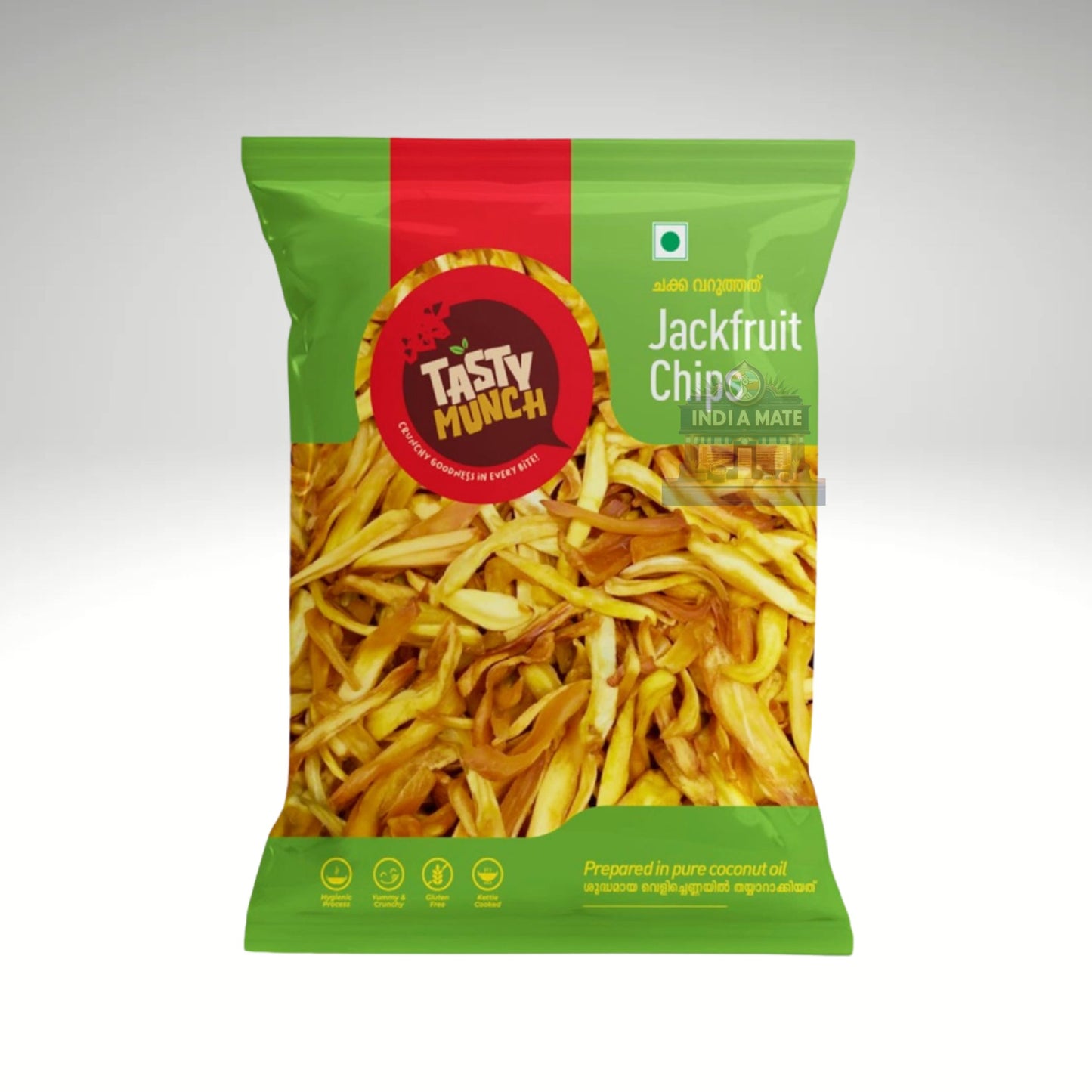 Packaged jackfruit chips with 'Tasty Munch' branding on a gray background