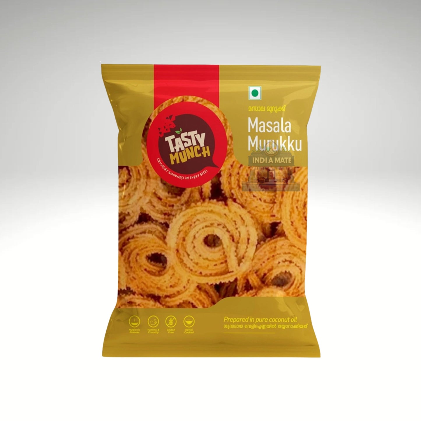 Packaged snack with 'Tasty Munch' branding on a gray background