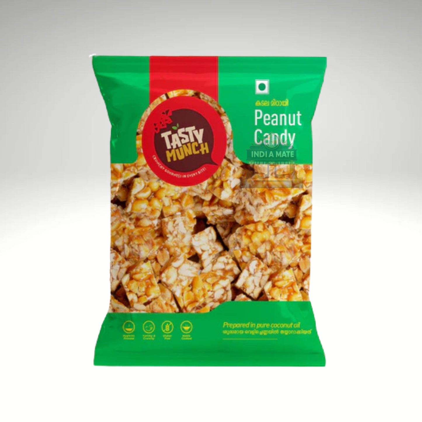 Packaged snack with 'Tasty Munch' branding on a gray background