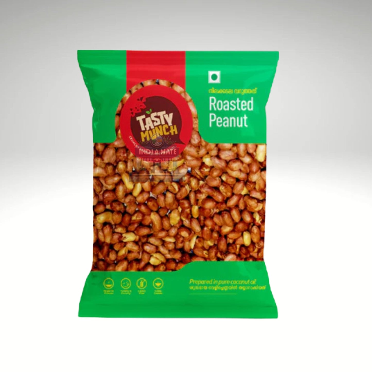 Packaged roasted peanuts with 'Tasty Munch' branding on a gray background