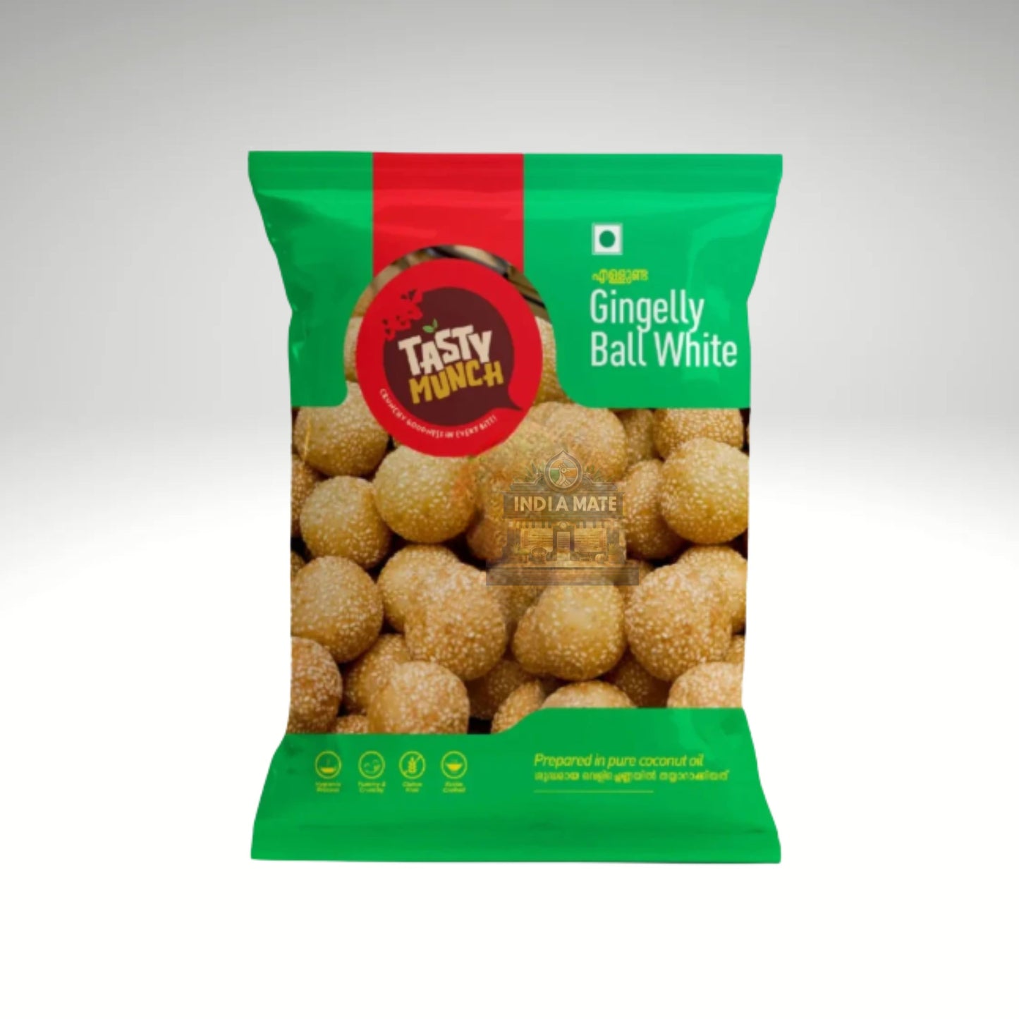 Green package of Tasty Munch Gingelly Ball White on a gray background