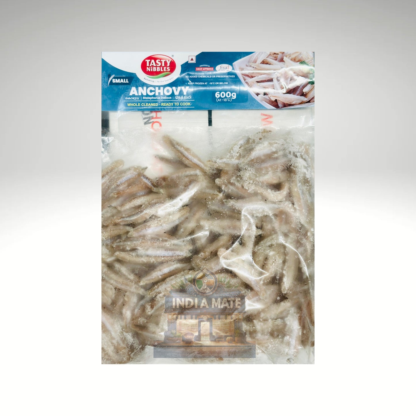 Packaged anchovies with Tasty Nibbles branding on a white background