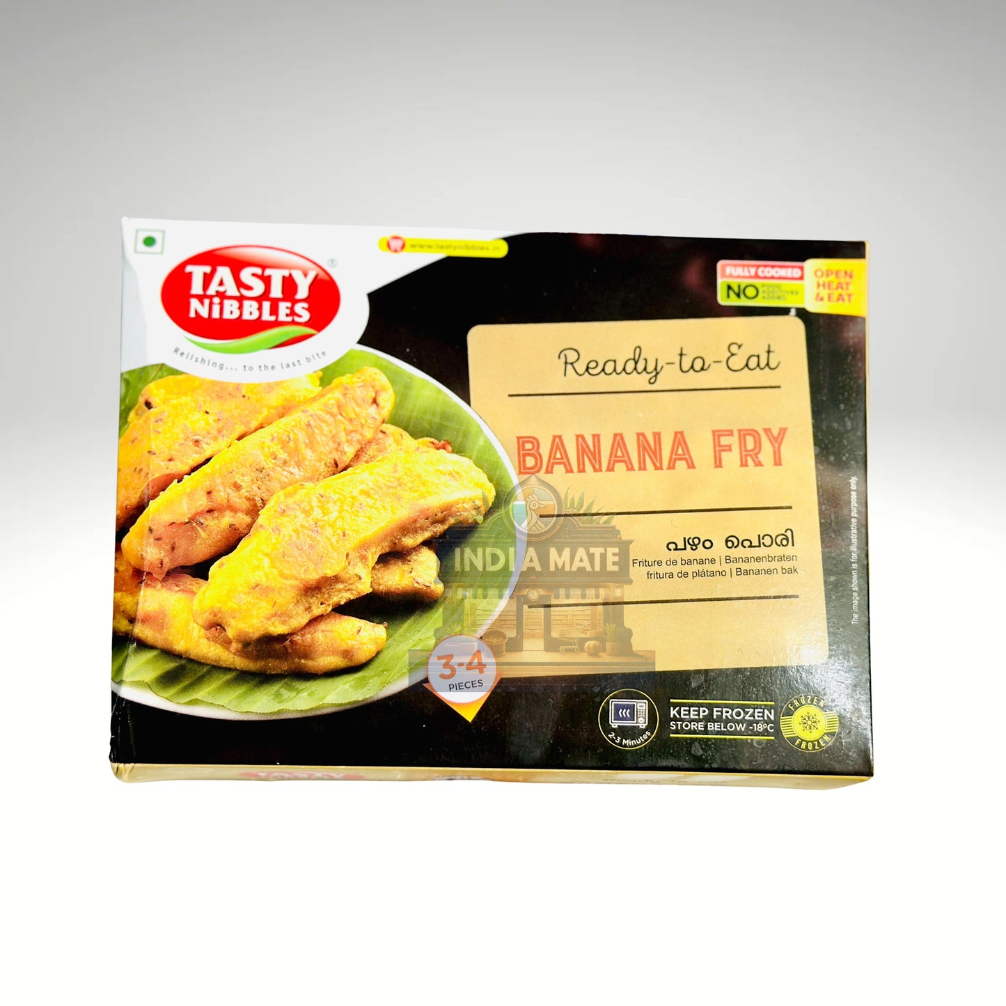 Packaged food item labeled 'Tasty Nibbles Banana Fry' on a gray background