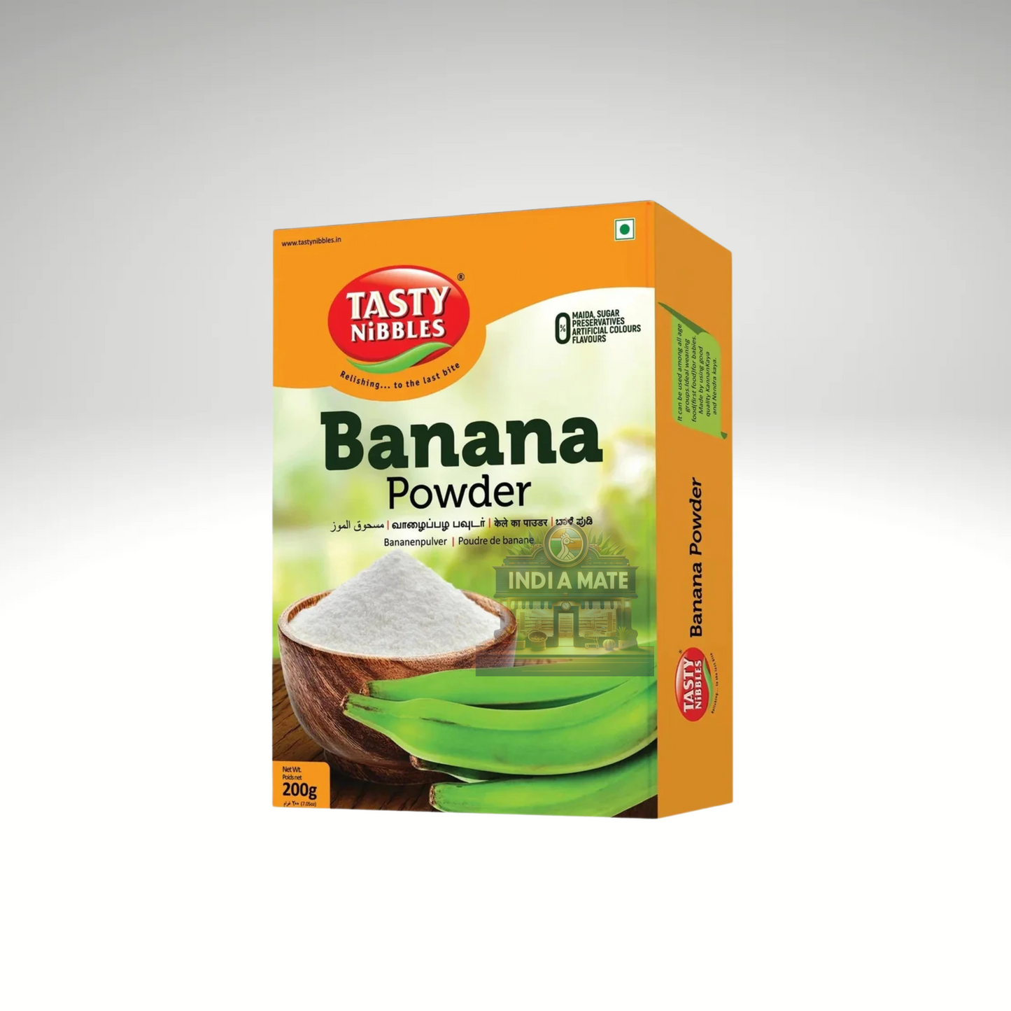 Box of Tasty Nibbles Banana Powder on a white background