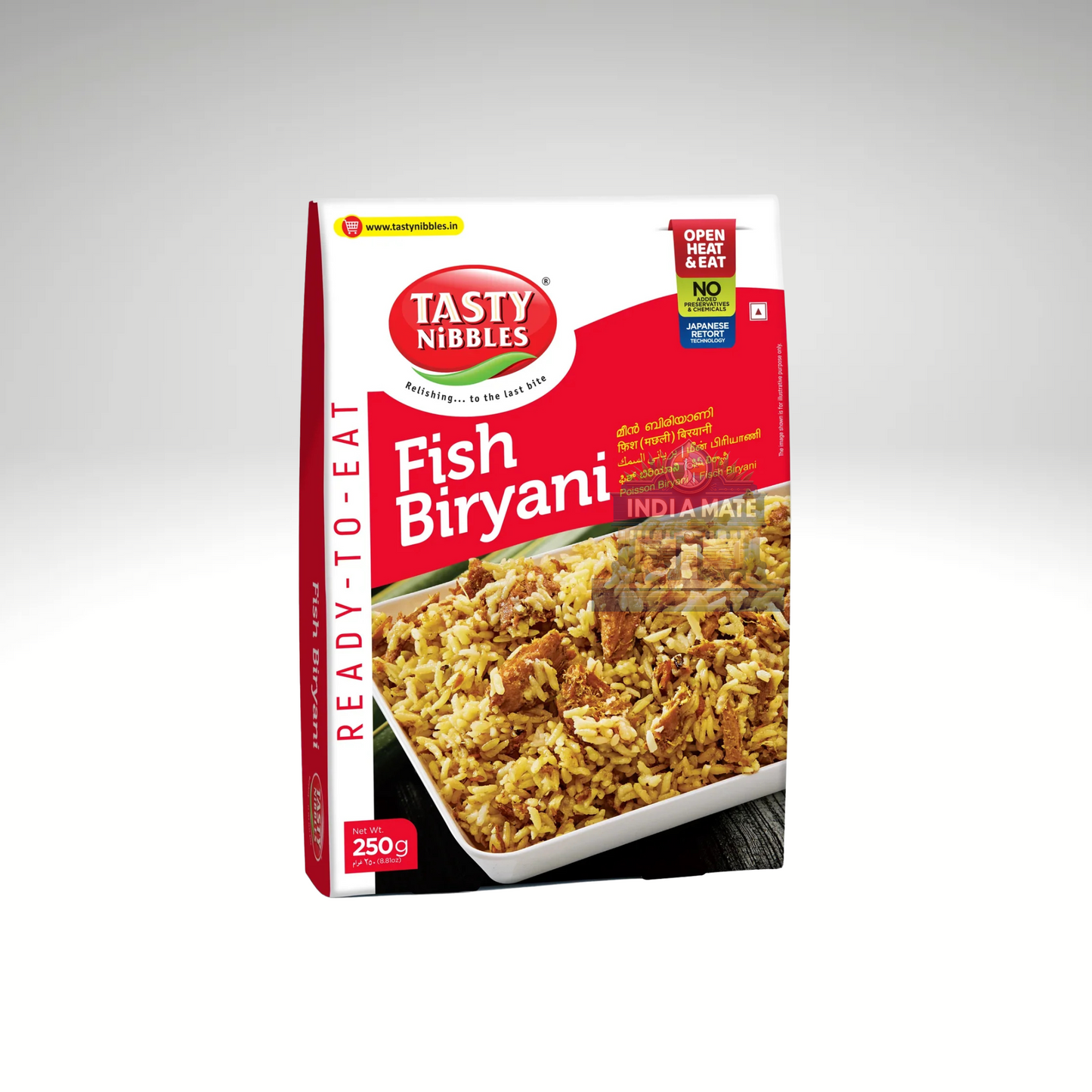 Tasty Nibbles Fish Biryani packaging on a white background