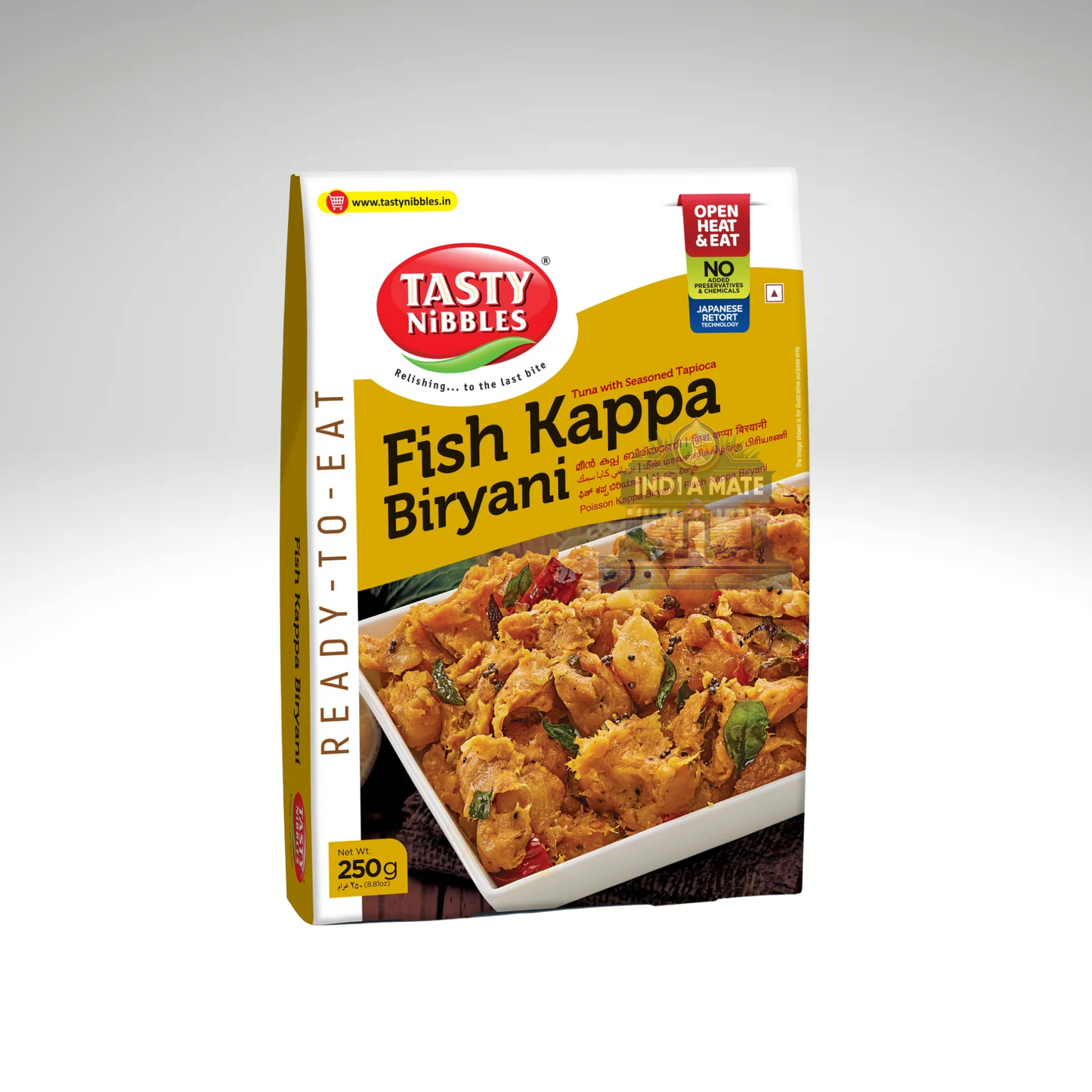 Tasty Nibbles Fish Kappa Biryani packaging on a white background