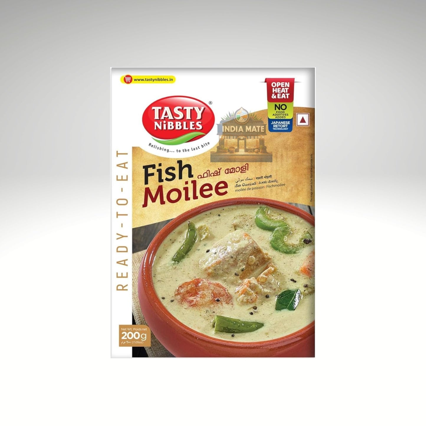 Tasty Nibbles Fish Moilee ready-to-eat food package on a white background.