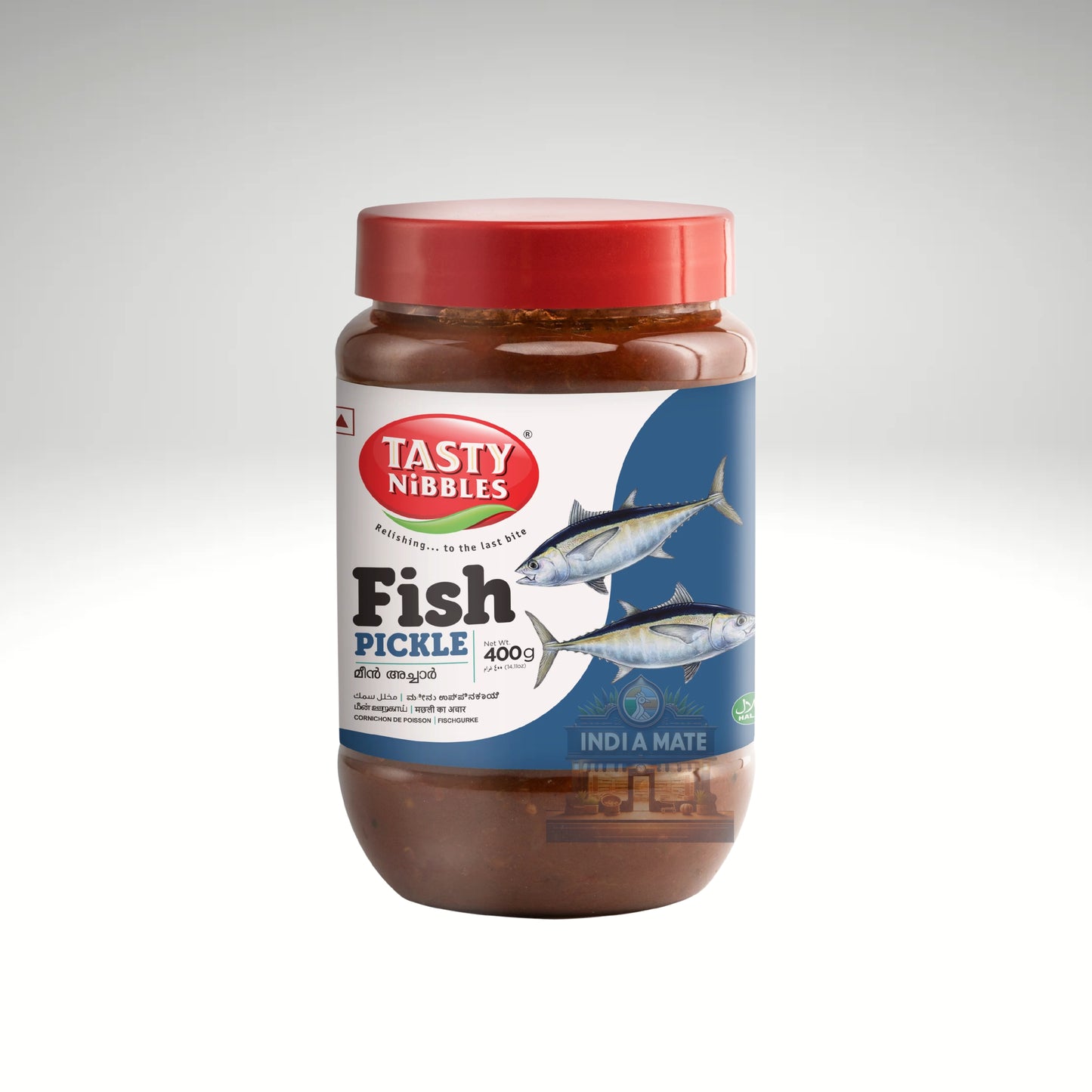 Jar of Tasty Nibbles Fish Pickle with a red lid on a white background