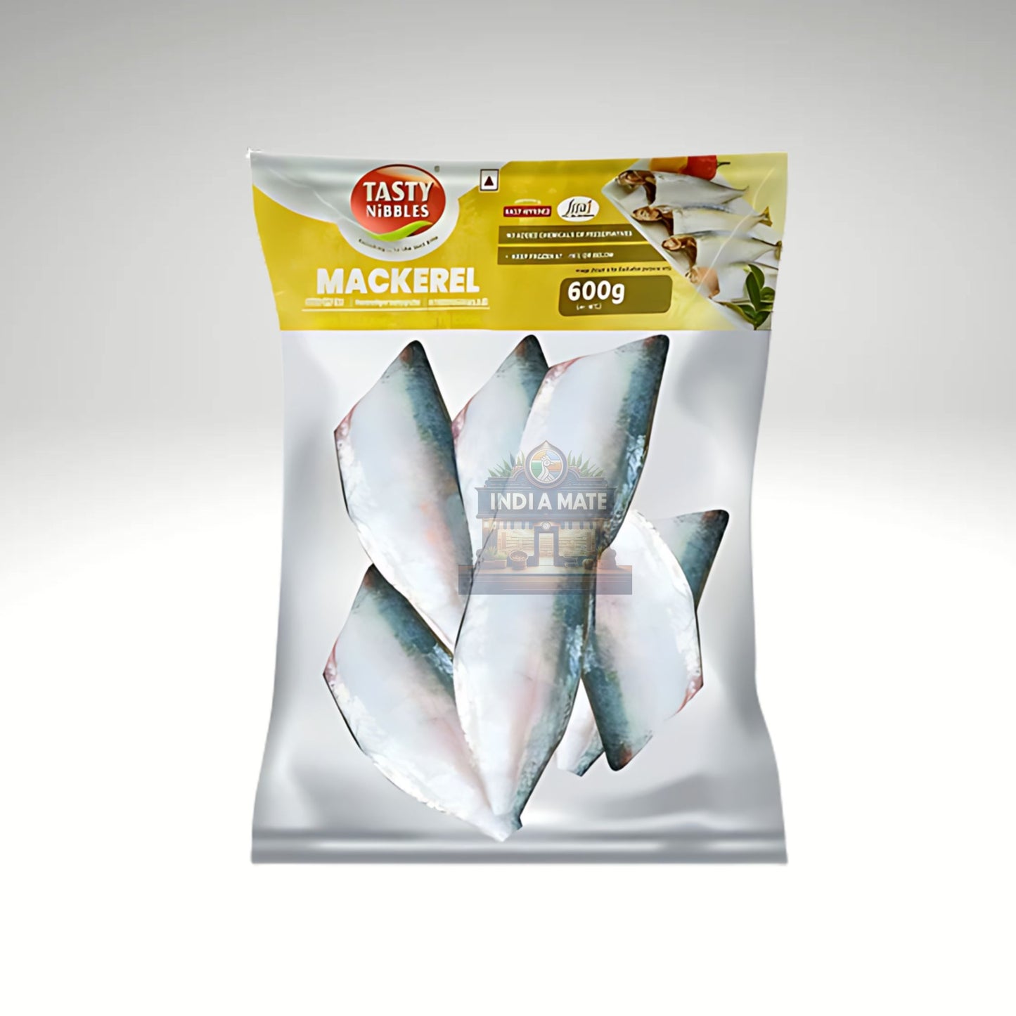 Packaged mackerel with 'Tasty Nibbles' branding on a white background