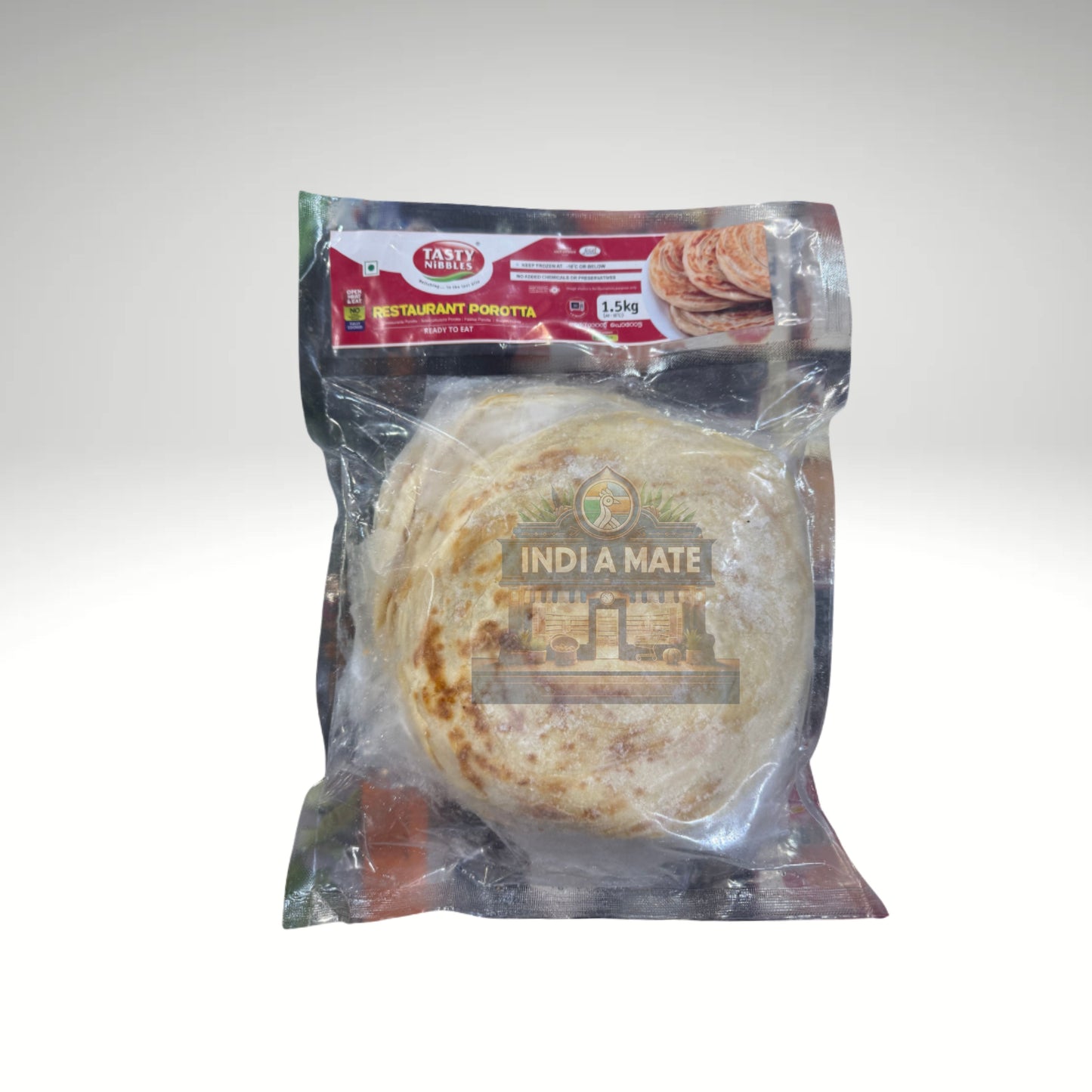 Packaged Indian flatbread with visible brand label on a white background
