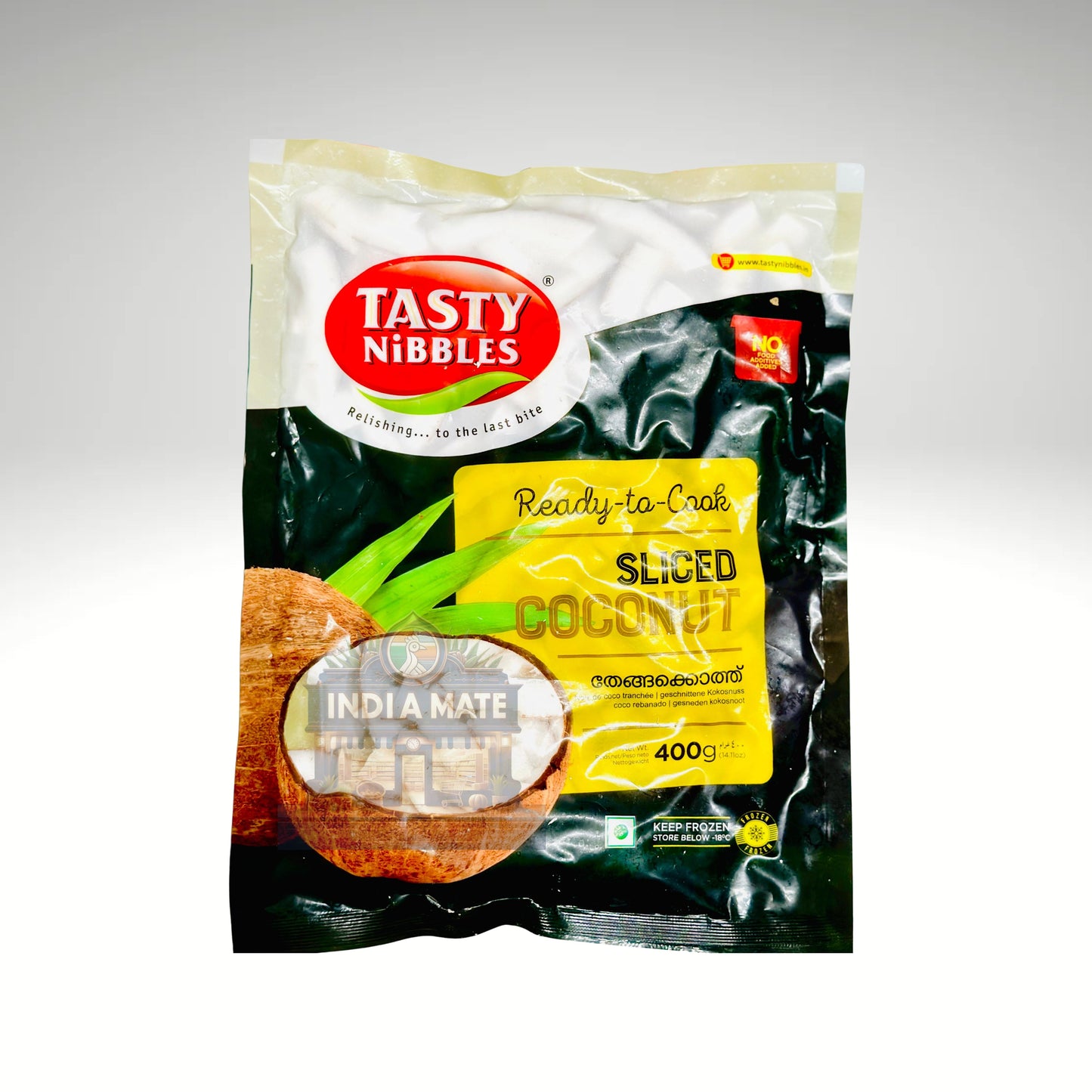 Packaged sliced coconut by Tasty Nibbles on a white background